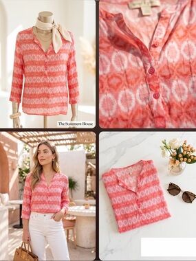 🌸🌸🌸BOGOHO🌸🌸🌸Women’s Coral Pink Patterned V-Neck Tunic Top-Large
